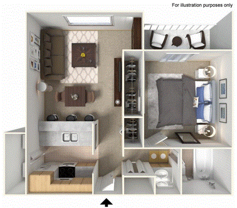 Floor plan for 1 bed, 1 bath, 580 sqft